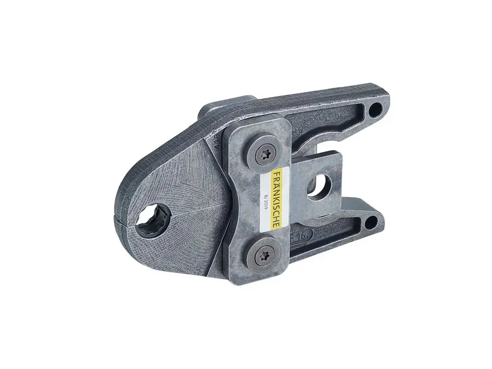 Pressbacke von Fränkische, verwendet zur Verbindung von Rohrleitungen. Robuste Metallkonstruktion mit klaren Konturen, geeignet für spezifische Anwendungen in der Haustechnik.